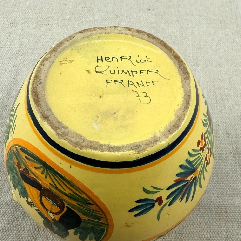Vintage HenRiot Quimper France 5-Finger Tulip Vase Yellow Floral Quintal‎
